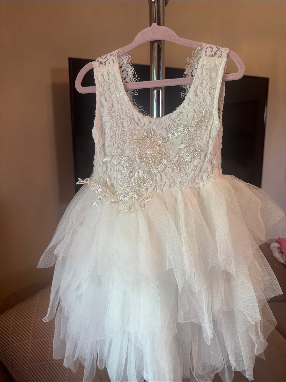 Custom Girls White Lace & Tulle Party Dress with Floral Embroidery